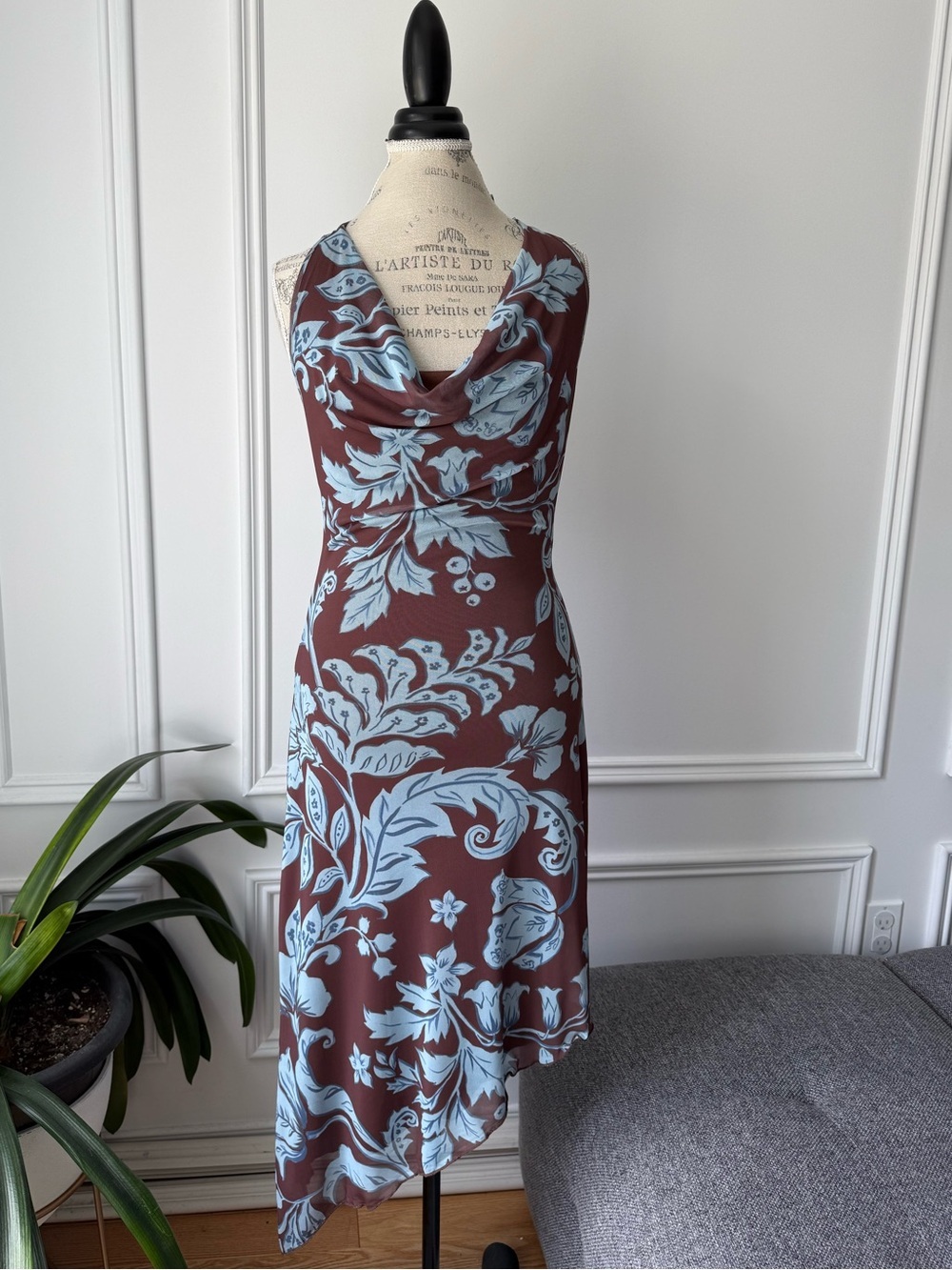 Floral Midi Dress in Blue and Brown